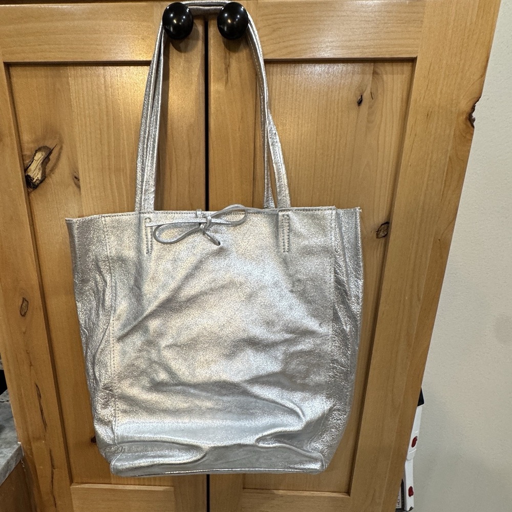 Genuine Italian Leather Bag Silver Metallic Shoulder Purse Travel Every Day